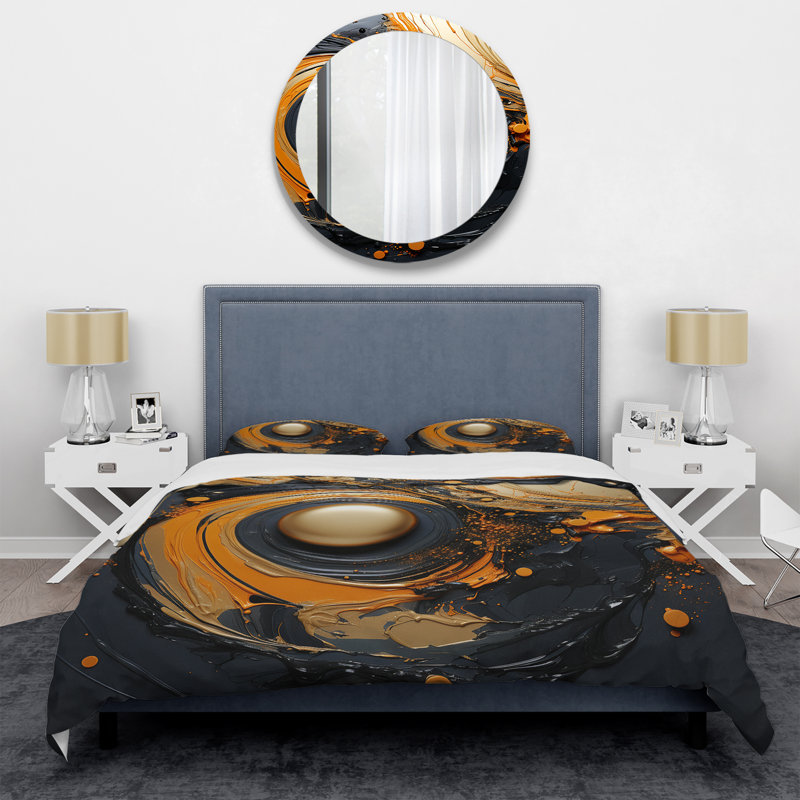Ensemble de housse de couette noir et orange Marble Moon I - Abstract Modern Shapes, Housse de couette pour très grand lit