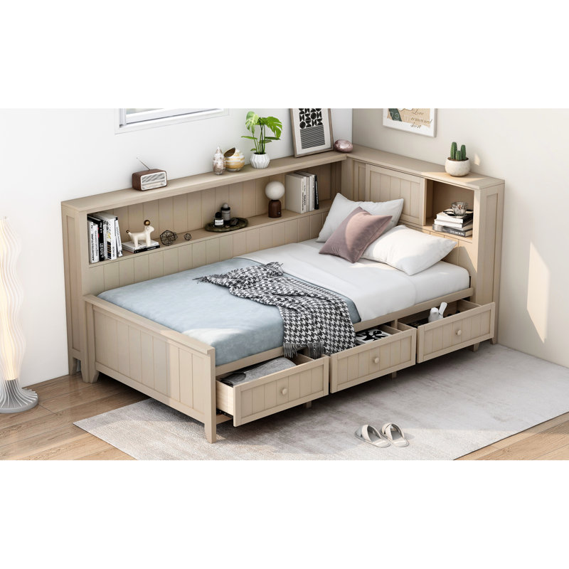Lit de jour simple en bois avec 3 tiroirs, lait blanc antique, fabrication, aucun sommier requis blanc, solide, Lit simple
