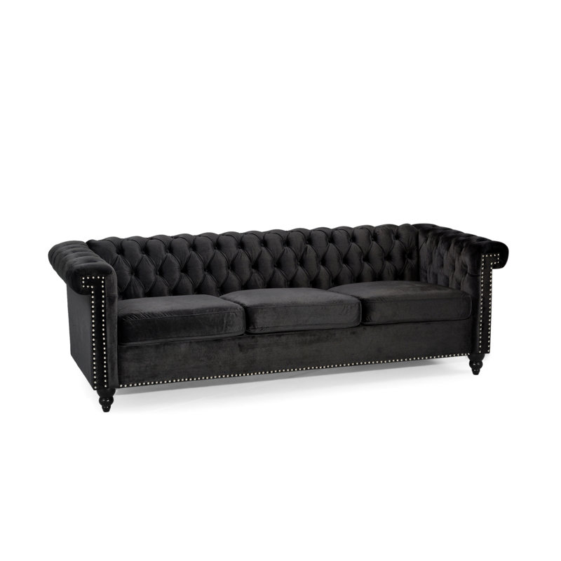 Élégant velours noir 3 po avec capitonnage à boutons profonds et touche moderne élégante à 3 places avec détails cloutés