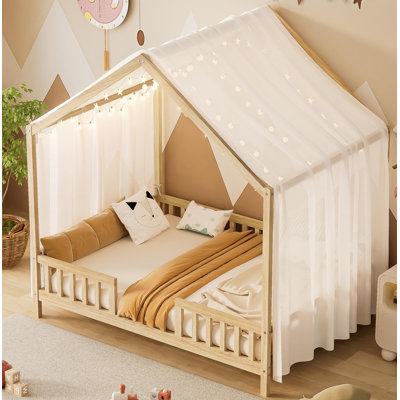 Montessori Floor Bed With Canopy, Full Bed Frame For Kids, House Shape Kids Bed Frame With High Railings