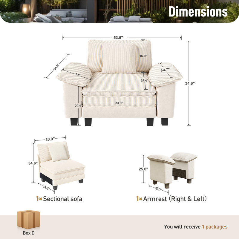53.5" Comfy Cloud Couch Deep Seat Sofa Chair With Throw Pillow, Beige Chenille/Corduroy