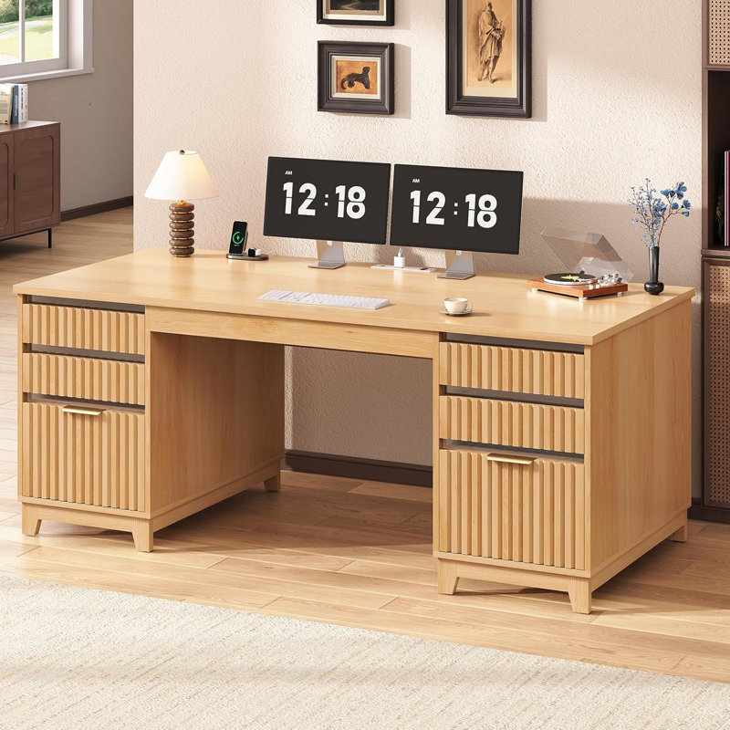 Bureau en L avec prises Rachmiel, Chêne 