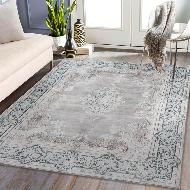 Gray Vintage Floral Washable Synthetic Area Rug 5' x 8'