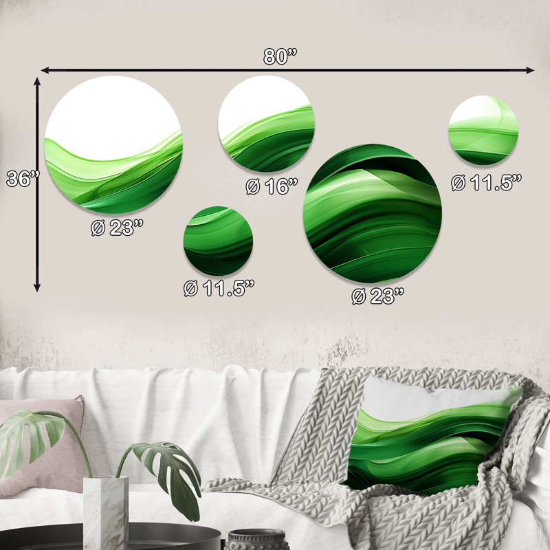 «Green and White Fractal Waves I», ensemble d'art mural rond sur 5