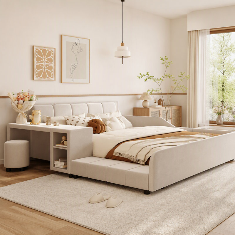 Lit tapissier en velours avec bureau de chevet et petit tabouret rond, Grand lit, Beige
