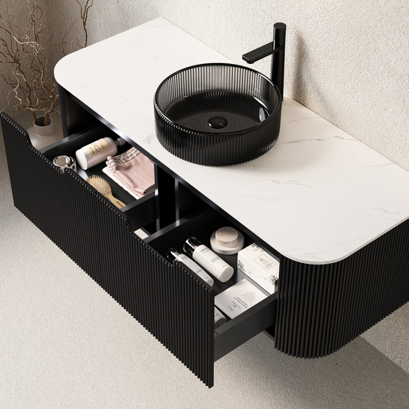 Meuble-lavabo mural de 48 po avec lavabo en verre noir transparent, rangement à 2 tiroirs avec rayures françaises de style français, système de fermeture en douceur, contreplaqué haute résistance de 18 mm d'épaisseur, pré-assemblé et