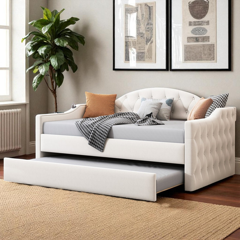 Tufted Upholstered Daybed With Trundle And Charging Ports, Beige