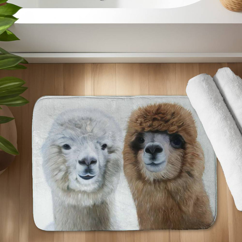 Two lamas Bath Mat with Non-Slip Backing - Quick Dry Memory Foam Bathroom Rug - Absorbent - Modern Plush Spa-Style - Machine Washable