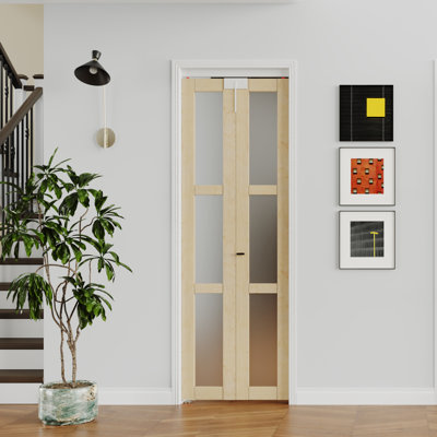 Interior Bifold Door - Pine 3 Lite Frosted Glassed With Hardware & Door Lock And Two Color Handles