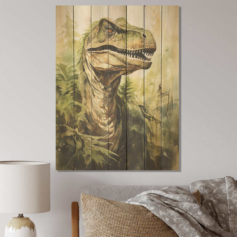 Velociraptor vert dans la jungle I - dinosaure sur bois, H 20 po x l 10 po
