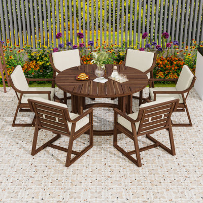 Ensemble de salle à manger 7 pièces pour 6 personnes, table ronde en bois d'acacia avec trou pour parasol et 6 chaises rembourrées