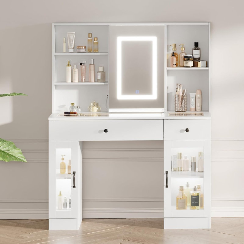 Large Vanity Desk with Sliding Mirror, 3-Color LED Lights & Power Outlets, Makeup Dressing Table with Storage Drawers, Glass Shelves & Cabinets, MDF Beauty Station, Easy Assembly
