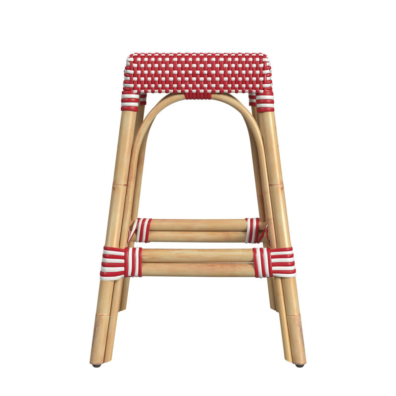 Robias Rattan Bar & Counter Stool, Red/White Dot/ Natural Rattan Frame, Counter Stool (24.5" Seat Height)