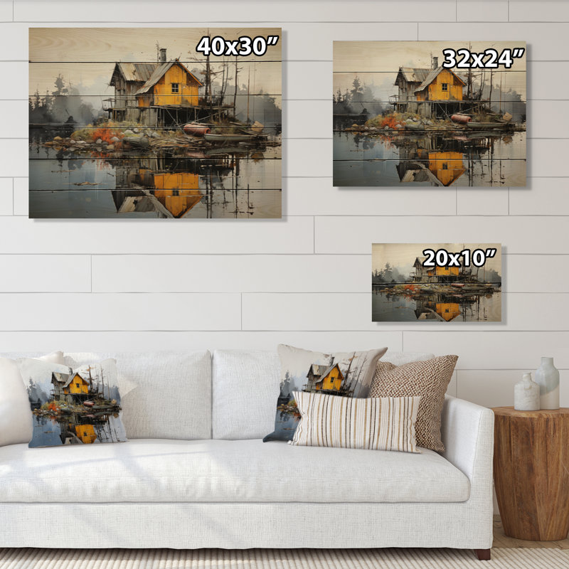 Yellow Lakehouse Pier Reflections II sur impression sur bois, H 10 po x l 20 po x P 0,78 po