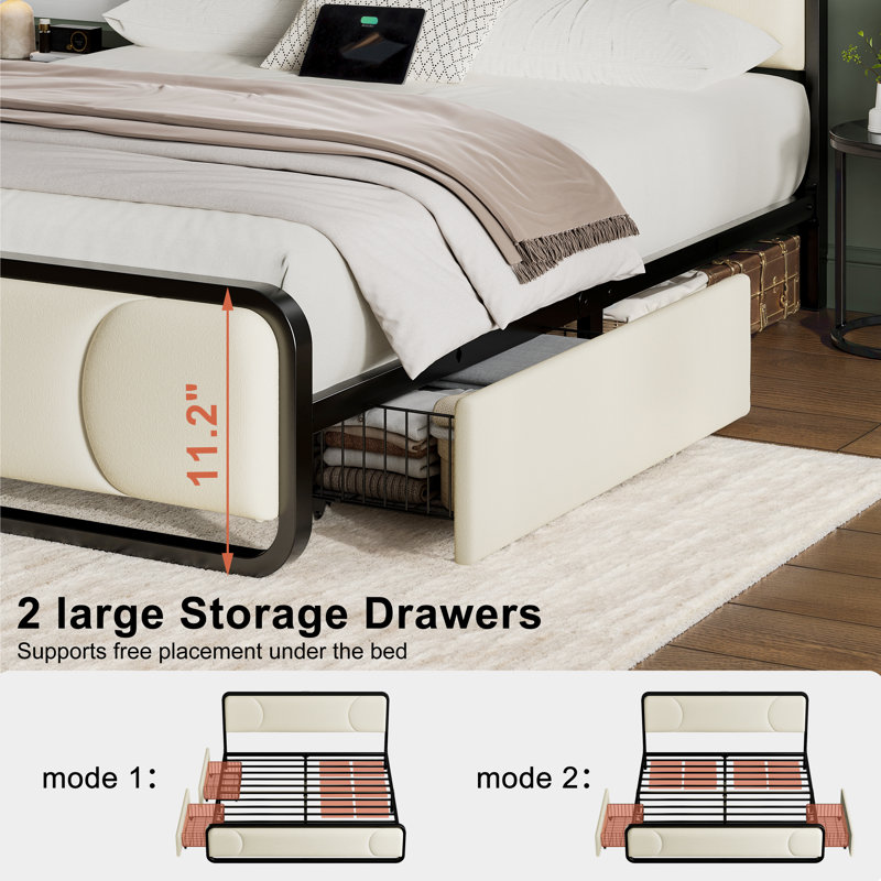 Upholstered Platform Bed with 2 Storage Drawers, Modern Bed Frame with Charging Station, Storage Bed with Velvet Tufted Headboard, No Spring Boxing Needed