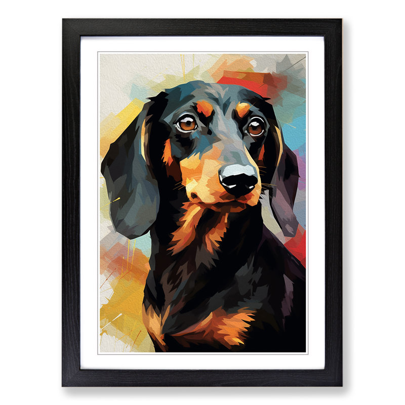 Dachshund Gestural - Single Picture Frame Print on Wood, 46cm H x 34cm W x 2cm D, Black