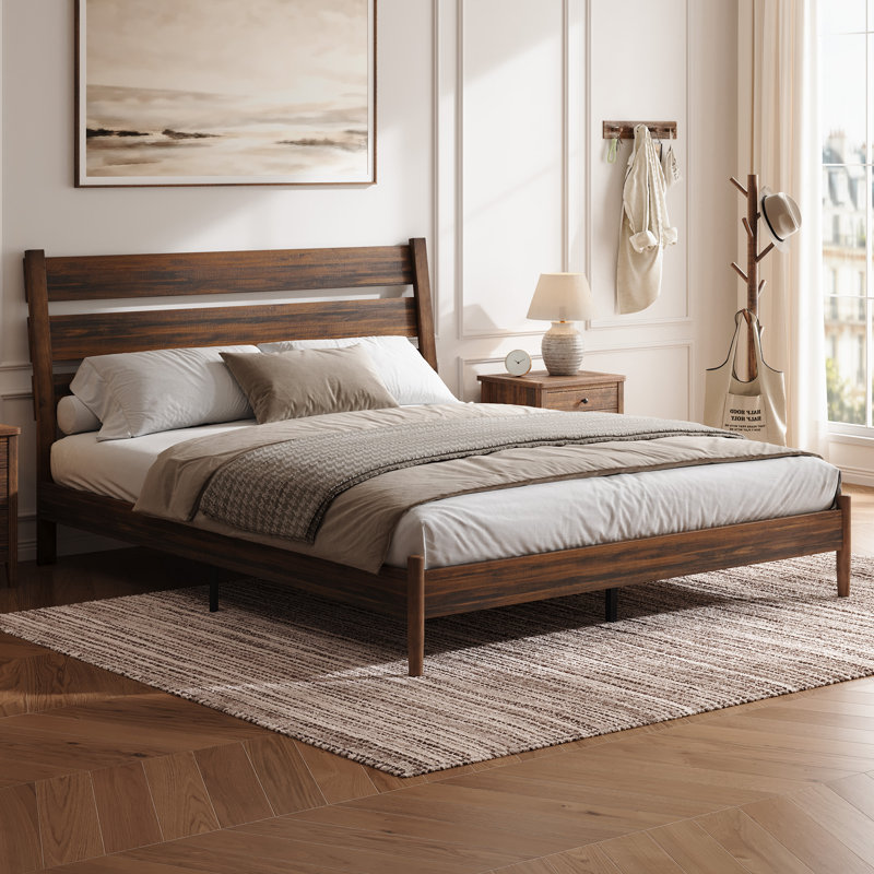 Mid-Century Modern Solid Wood Platform Bed with Slatted Headboard, Kingsize (5'), Brown