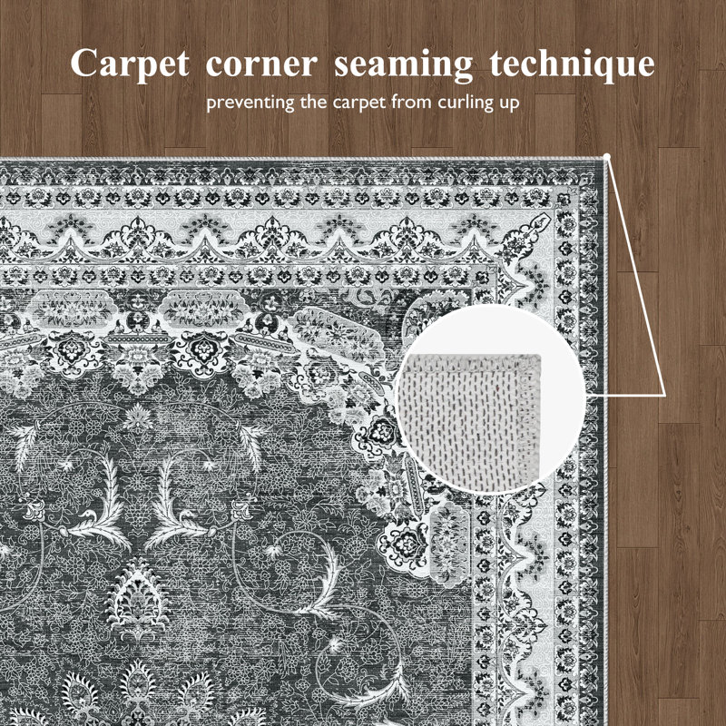 Tapis bohémien à motif floral rétro, lavable à la machine, tapis intérieur antidérapant, Rectangle de 5 pi x 8 pi