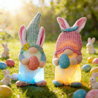 2 pièces de gnome de Pâques sans visage, 11,8 po de lapin incandescent tenant des œufs, décoration de fête (ensemble de 2)