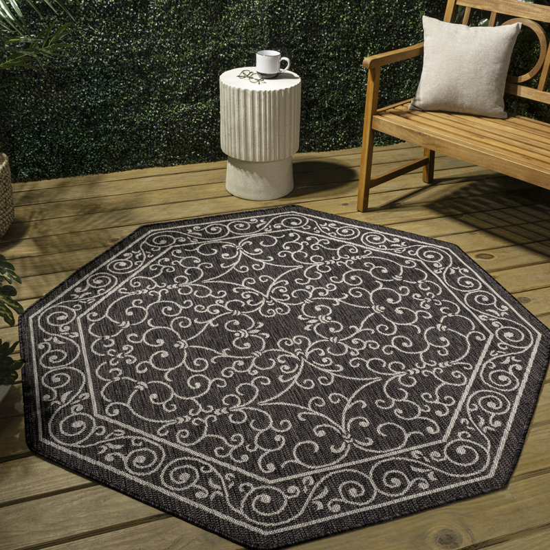 Hagerman Vintage Filigree Textured Weave Black/Gray Indoor/Outdoor Rug, Octagon 7'9"