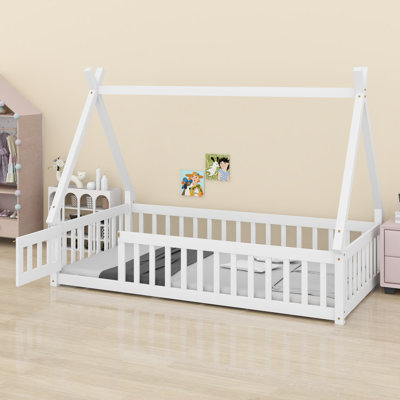 Tent-Shaped Floor Bed With Guardrails, Slats And A Door