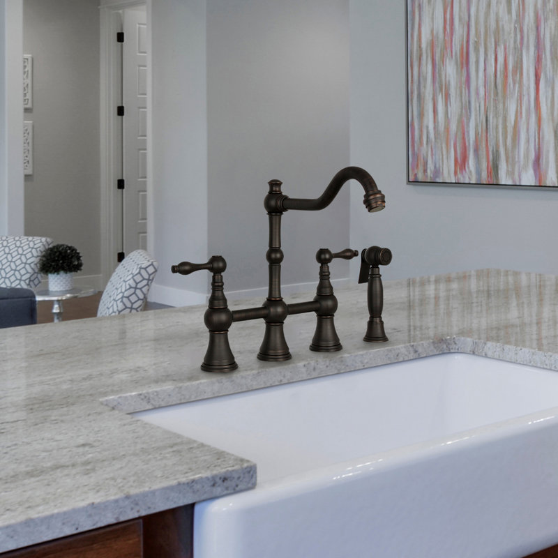 Brass Heritage Bridge Kitchen Faucet with Side Spray 2 Handles, Oil Rubbed Bronze