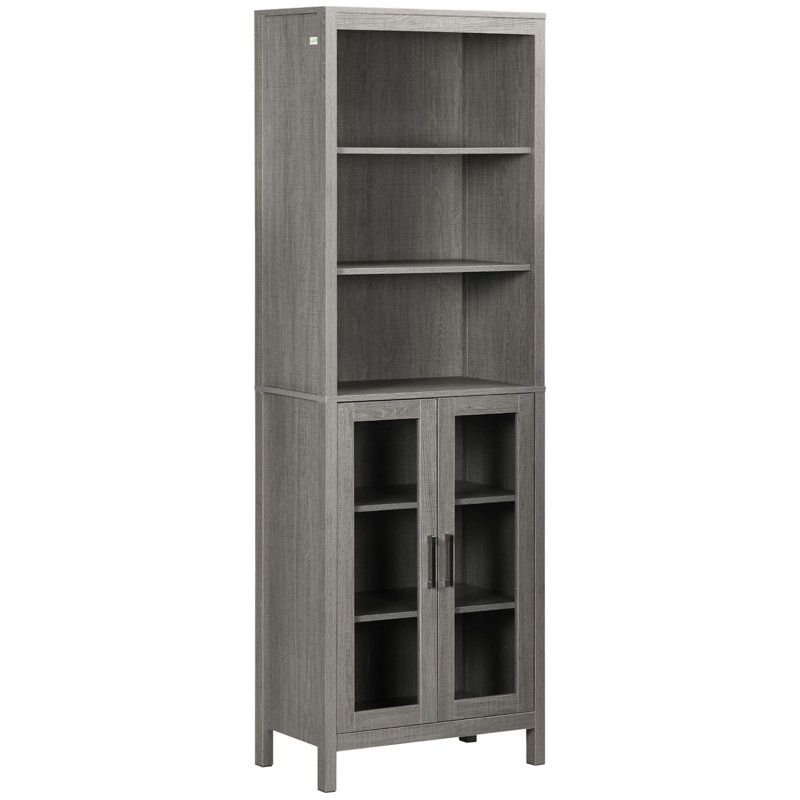 Tall Bathroom Storage Cabinet With 3 Tier Shelf, Glass Door Cabinet, Freestanding Linen Tower With Adjustable Shelves, Gray