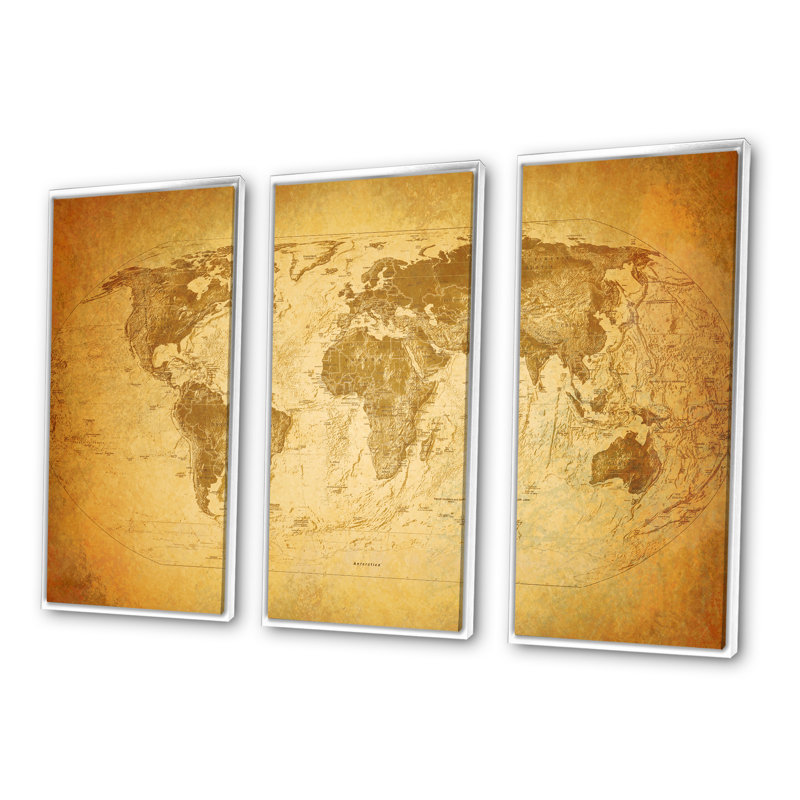 Ancienne carte du monde X - reproduction de cadre flottant 3 pièces sur toile, H 20 po x l 36 po, Blanc