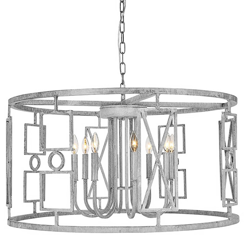 Lustre cylindrique à 8 lumières de style bougie Buckhead, Feuille d'argent