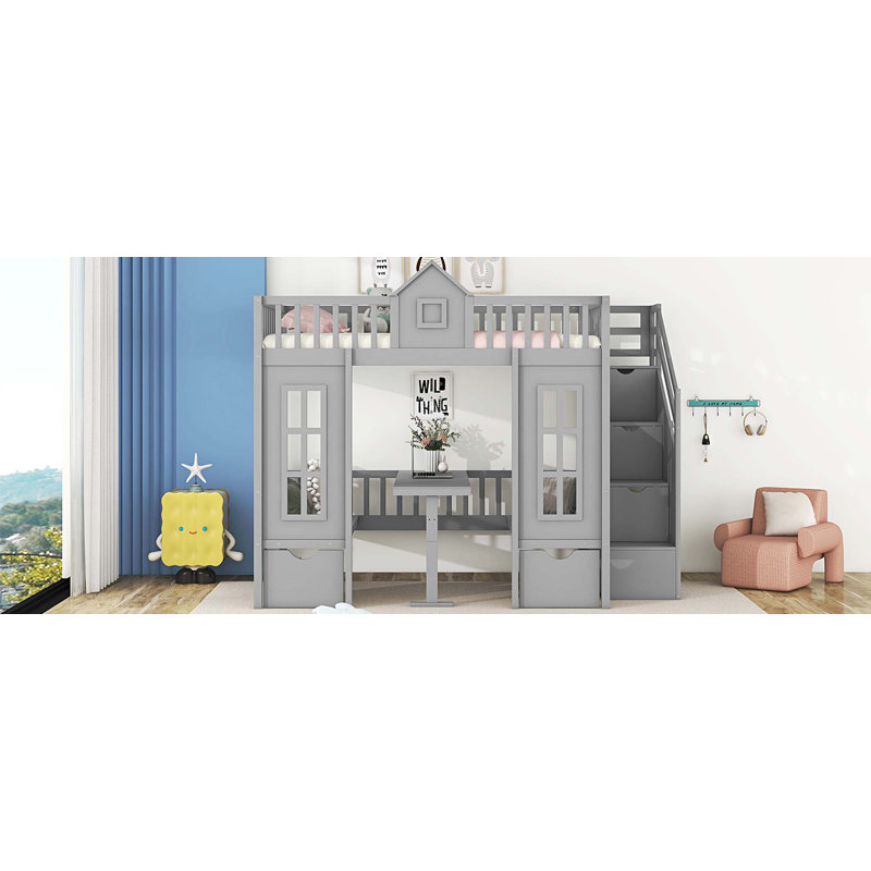 Twin-Over-Twin Bunk Bed with Changeable Table, Bunk Bed Turn into Upper Bed and Down Desk -Pink, Grey