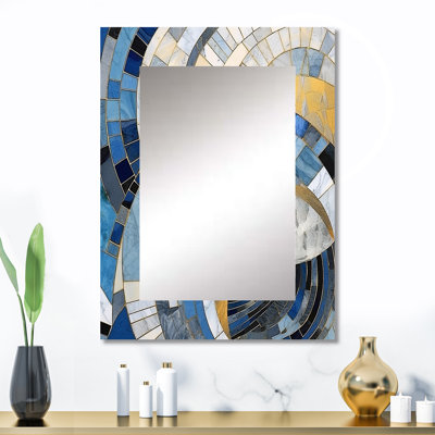 Gold Constructing Blue Realms I - formes abstraites, miroir mural, miroir moderne, impression d'art en métal