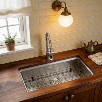 Évier de cuisine encastré sous comptoir de 84 cm (33 po), en acier inoxydable T304 de calibre 16, à cuve profonde, avec planche à découper, passoire et égouttoir, fini brossé, compatible avec un meuble de 91 cm (36 po).