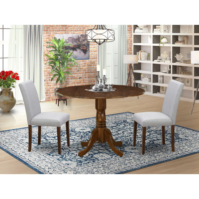 3 Piece Dining Table Set for Small Spaces Includes a Round Dining Room Table with Dropleaf and 2 Upholstered Chairs, 42x42 Inch, Antique Walnut