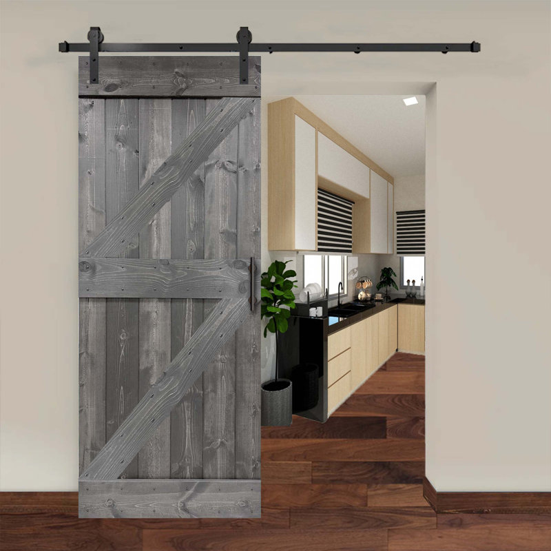 Porte de grange coulissante en bois de pin avec trousse de quincaillerie d'installation, Gris, 38 po x 84 po