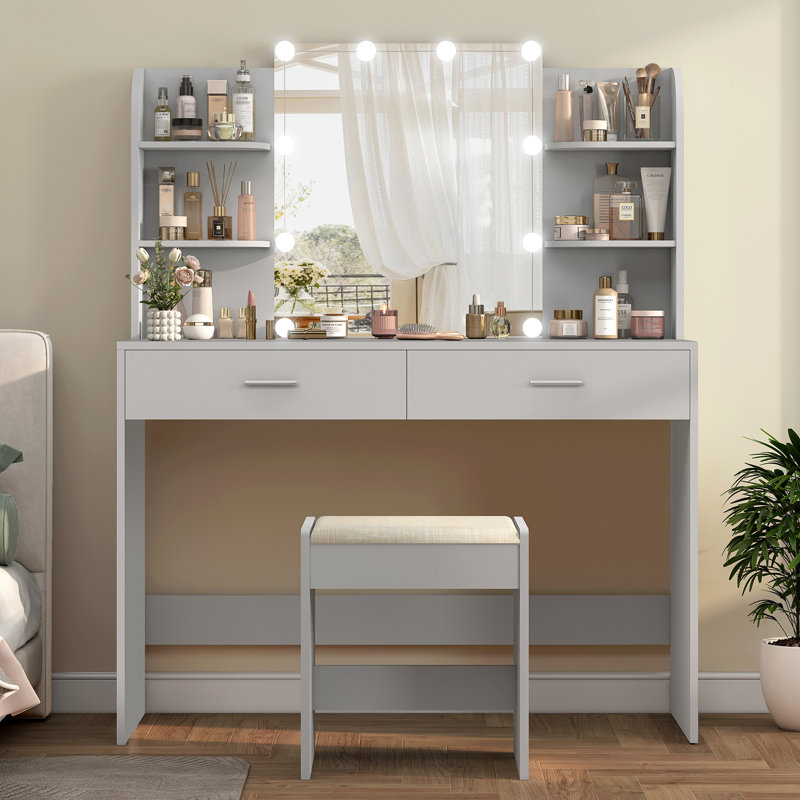 Ensemble de coiffeuse Engelsman avec 10 ampoules DEL, 2 tiroirs, 6 tablettes de rangement et un tabouret rembourré, Gris