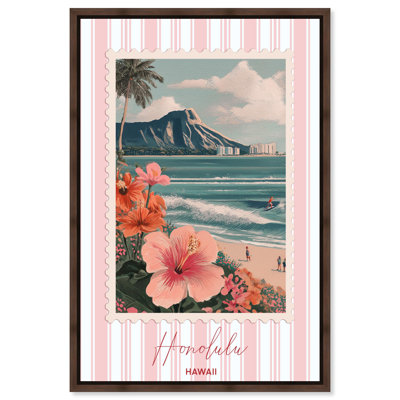 «Honolulu Travel Stamp», reproduction d'art sur toile par Art Remedy, cadre en noyer, 36 x 54