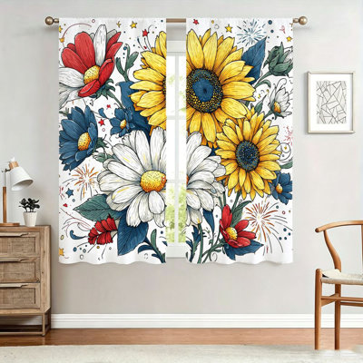 2Pcs Floral Fireworks Curtains, Light Filtering Fabric, Vibrant Sunflower and Daisy Print, Decorative Home Decor for Living Room, Bedroom, Balcony, Kitchen