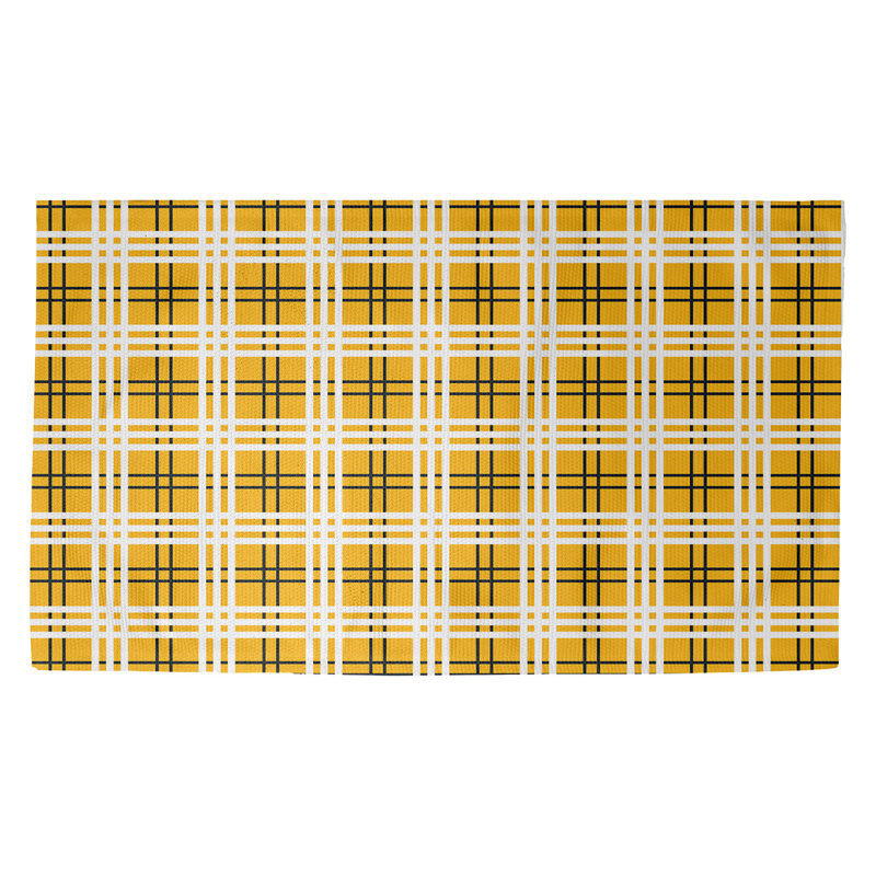 Carreaux jaune/noir/noir/Tapis décoratif blanc fait à la main, Rectangle 2 pi x 3 pi