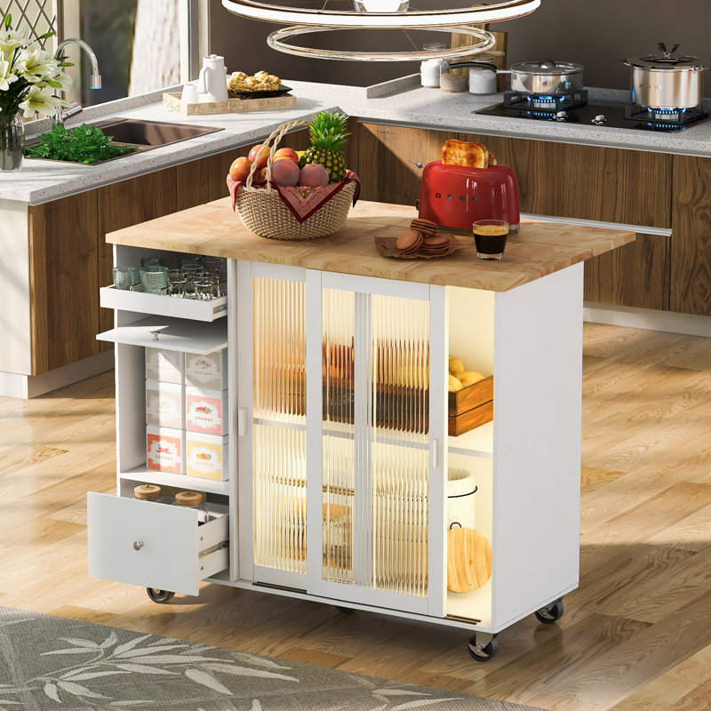 Îlot de cuisine avec abattant, chariot de cuisine à lumière DEL, Blanc