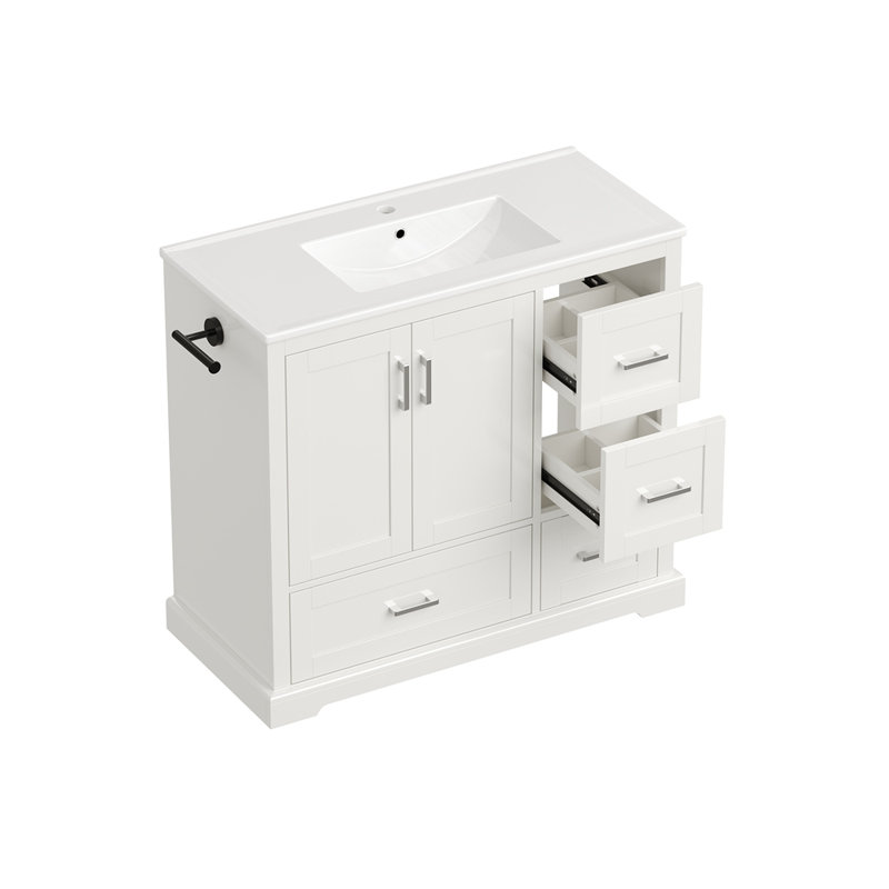 Meuble-lavabo blanc 42 po avec lavabo en céramique 42 po - Armoire autoportante à 4 tiroirs (top 2 avec séparateurs), portes à fermeture en douceur avec tablettes intérieures, porte-serviettes latéral réversible, poignées argentées, panneau de fibres à densité moyenne