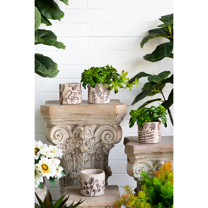Set Of 4 Sand And Cement Planters With Botanical Motifs