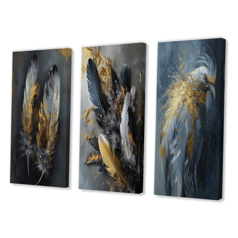 «Gold Boho Chic Feathers», 3 pièces sur toile, Toile tendue, H 40 po x l 60 po