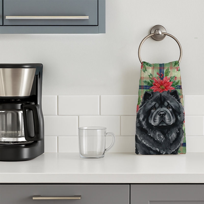 Black Chow Chow Christmas PoinsettIas Kitchen Towel, Black Chow Chow