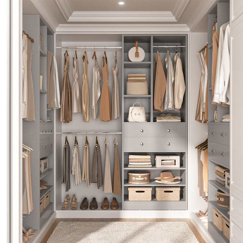 28" Wood Closet System With Drawers And Shelves, Reach-In Closet System For Closet, Gray