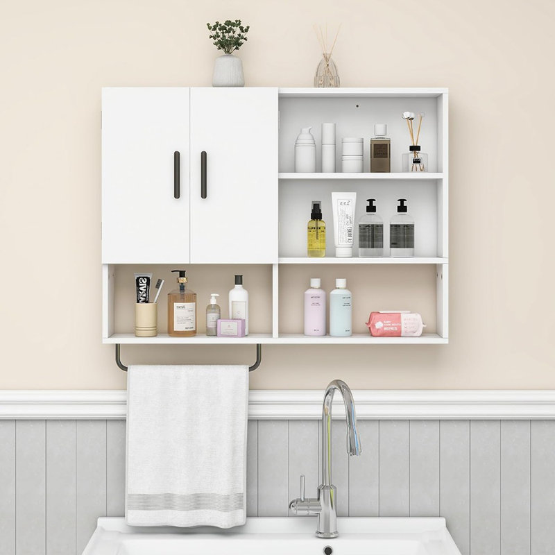 Armoire murale blanche pour salle de bain - Organisateur en bois avec 2 portes, tablette réglable et barre à serviettes