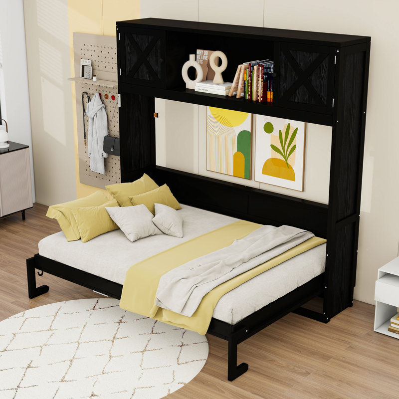 Lit escamotable double en bois avec armoires de rangement