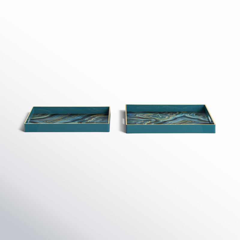 Ensemble de 2 plateaux en plastique bleus avec motifs marbrés dorés, plateaux gigognes décoratifs pour le service, Bleu