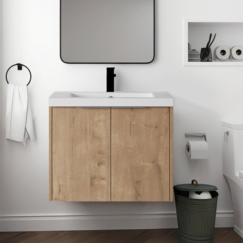 Mhosin 23.6'' Single Bathroom Vanity with Resin Top, Imitative Oak