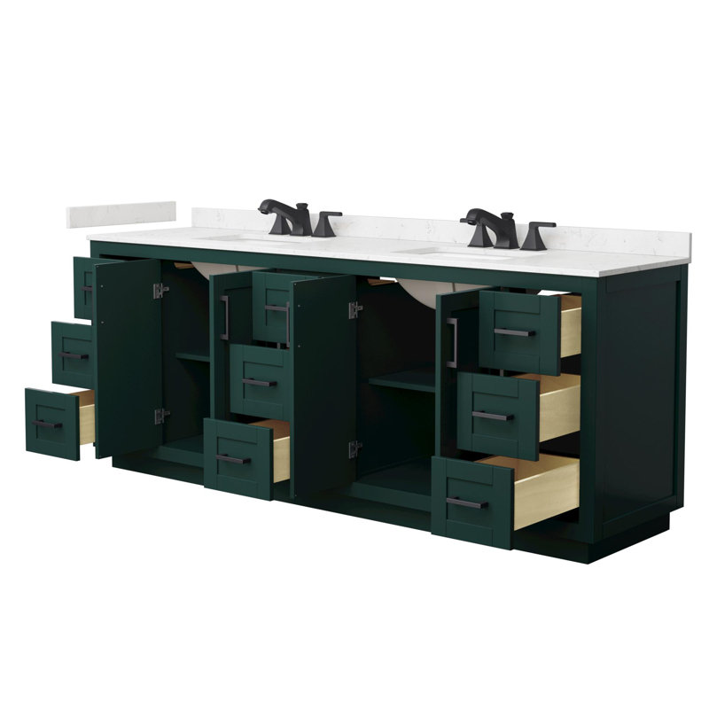 Meuble-lavabo double autoportant de 84 po avec plateau en marbre Miranda, Vert, Noir mat