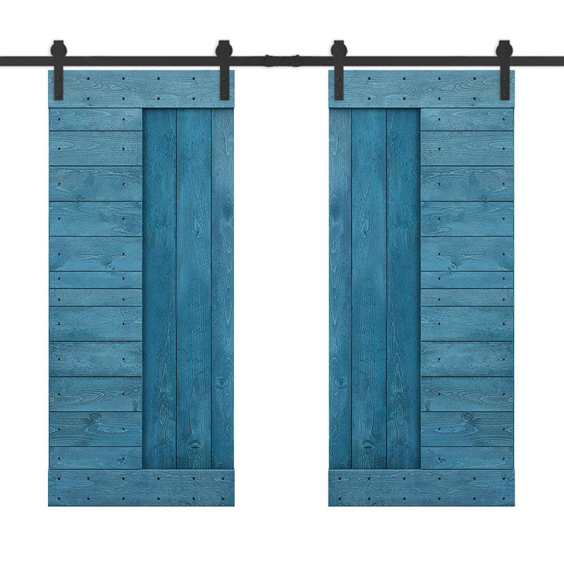 Porte de grange à panneaux et en bois avec quincaillerie d'installation, 84 po x 84 po, Bleu océan